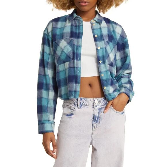 BP Plaid Cropped Flannel Button Up Shirt in Blue Lucie Plaid - Picture 1 of 9